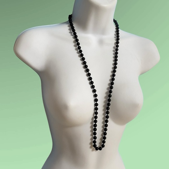 Black Glass Beads Necklace Over-The-Head Style - Picture 4 of 11